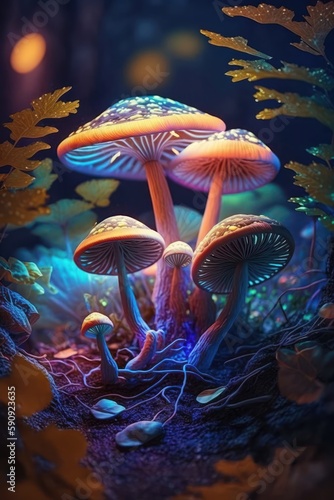 Mushrooms in the fantasy forest. Generative AI