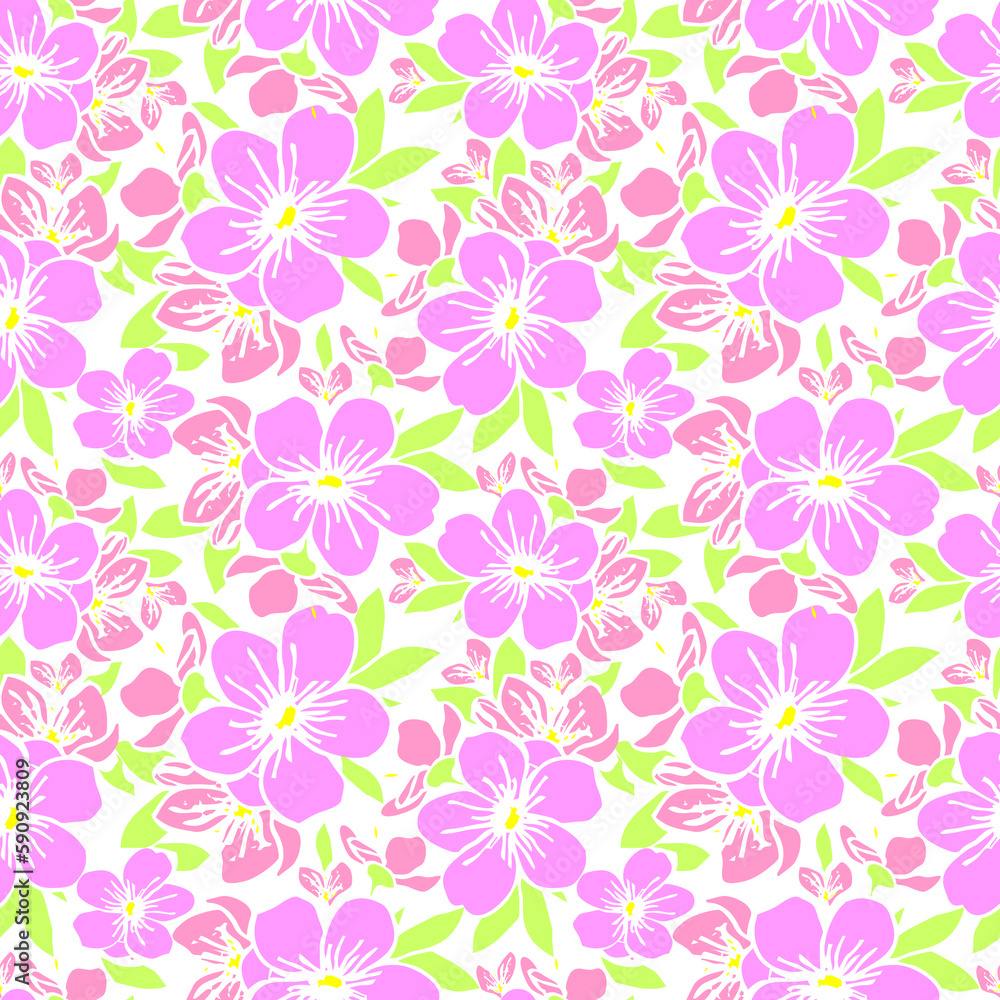seamless pattern of pink silhouettes of flowers on a white background, texture, design