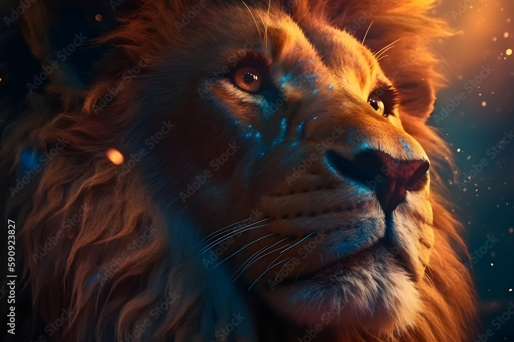 Naklejka premium The Giant Lion King in the Beautiful Landscape. Generative AI