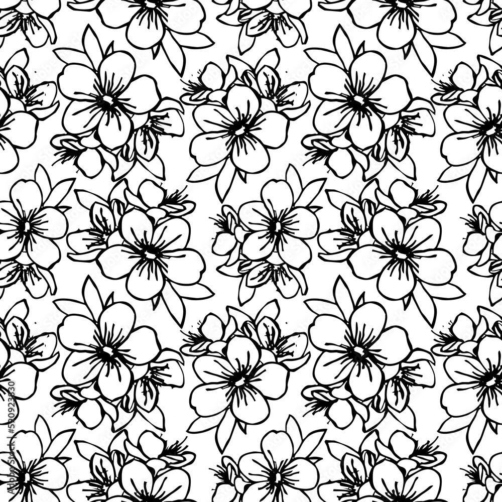 seamless pattern of black contours of flowers on a white background, texture, design