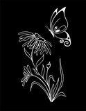 white contour drawing of a flower on a black background, logotype, monochrome design