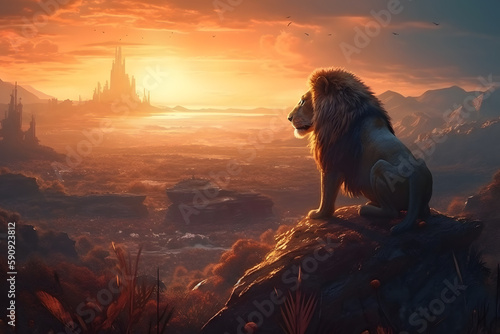 The majesty of the giant king lion in nature. Generative AI