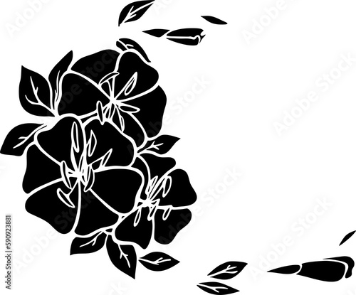 black contour drawing of two large flowers with leaves