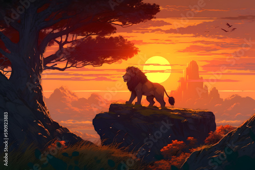 The majesty of the giant king lion in nature. Generative AI