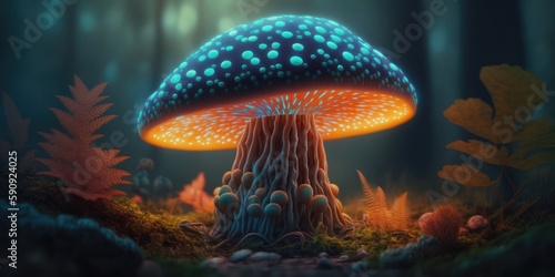Fantasy mushroom in the dark forest. Generative AI