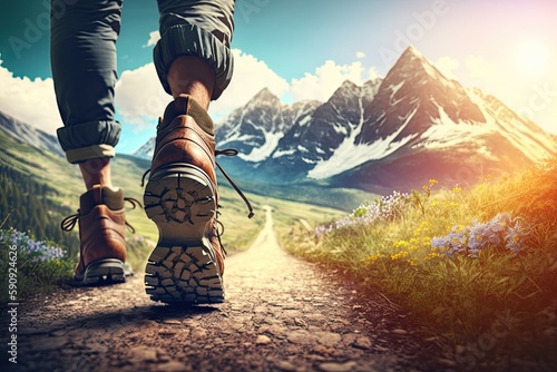 Feet of a Man Walking on a Pathway Towards a Mountain in Nature on a Bright Sunny Day - Generative AI 
