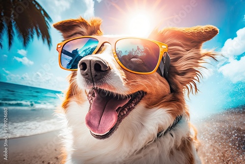 A Happy, Cool Dog Wearing Sunglasses in a Tropical Beach Background - Generative AI  © RenZen