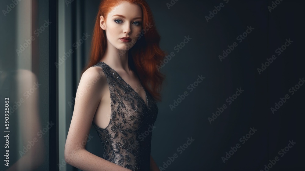 Portrait of a fictional ginger woman model wearing a elegant dress, standing, isolated. Generative AI illustration. Portrait of a fictional ginger woman model wearing a elegant dress, standing, isolated. Generative AI illustration.