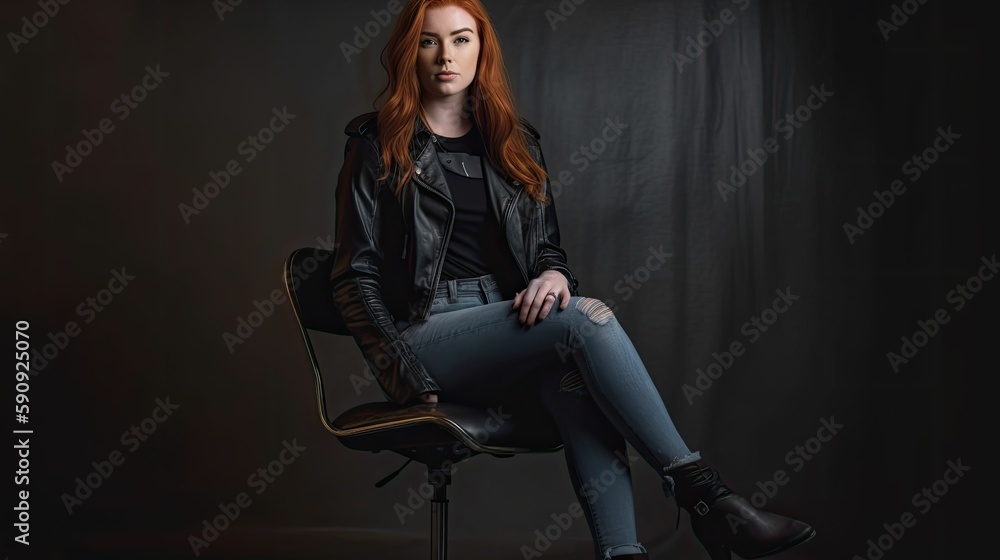Fototapeta premium Portrait of a fictional ginger woman model wearing a leather jacket and jeans, sitting on a chair, isolated. Generative AI illustration.
