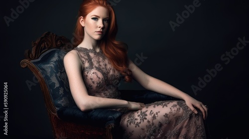 Portrait of a fictional redhead woman model wearing a elegant dress, sitting on a chair, isolated. Generative AI illustration. © Tuyres