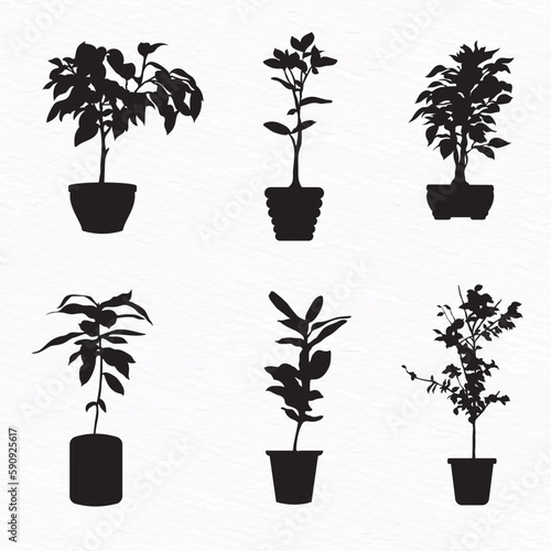 Silhouette set of small tree with planter