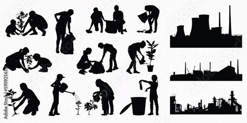 A set of silhouettes inspired by Earth Day and Environment Day, with people watering plants, planting trees, collecting rubbish for recycling, and large corporations that contribute to air pollution.