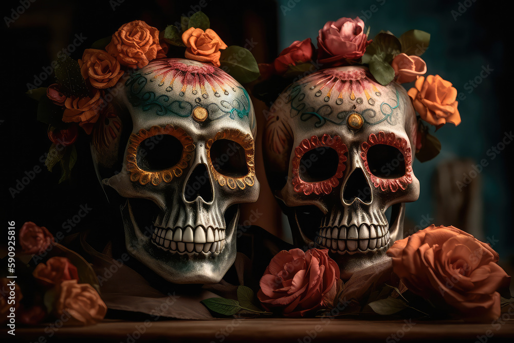 On the altar, decorated with flowers in honor of the Mexican Day of the Dead, are two Mexican-style skulls. Generative AI