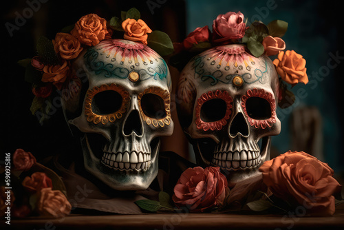 On the altar, decorated with flowers in honor of the Mexican Day of the Dead, are two Mexican-style skulls. Generative AI