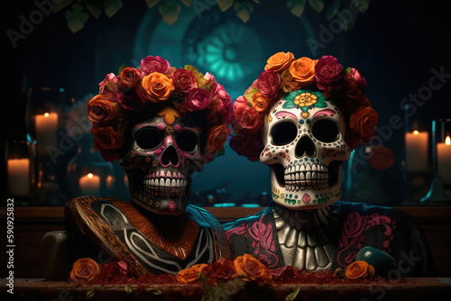 On the altar, decorated with flowers in honor of the Mexican Day of the Dead, are two Mexican-style skulls. Generative AI