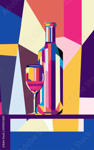 Vector illustration colorful bright bottle of wine and a glass of wine or alcoholic drink.