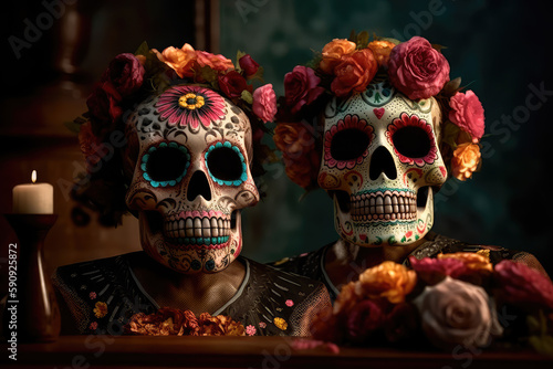 On the altar, decorated with flowers in honor of the Mexican Day of the Dead, are two Mexican-style skulls. Generative AI