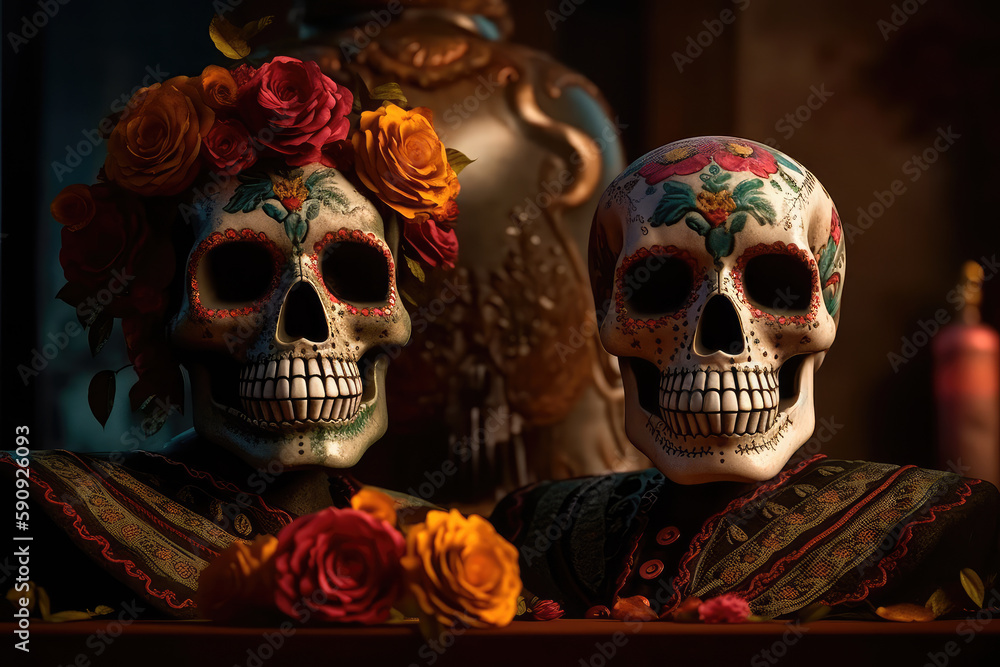 On the altar, decorated with flowers in honor of the Mexican Day of the Dead, are two Mexican-style skulls. Generative AI On the altar, decorated with flowers in honor of the Mexican Day of the Dead, are two Mexican-style skulls. Generative AI