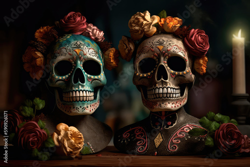 On the altar, decorated with flowers in honor of the Mexican Day of the Dead, are two Mexican-style skulls. Generative AI