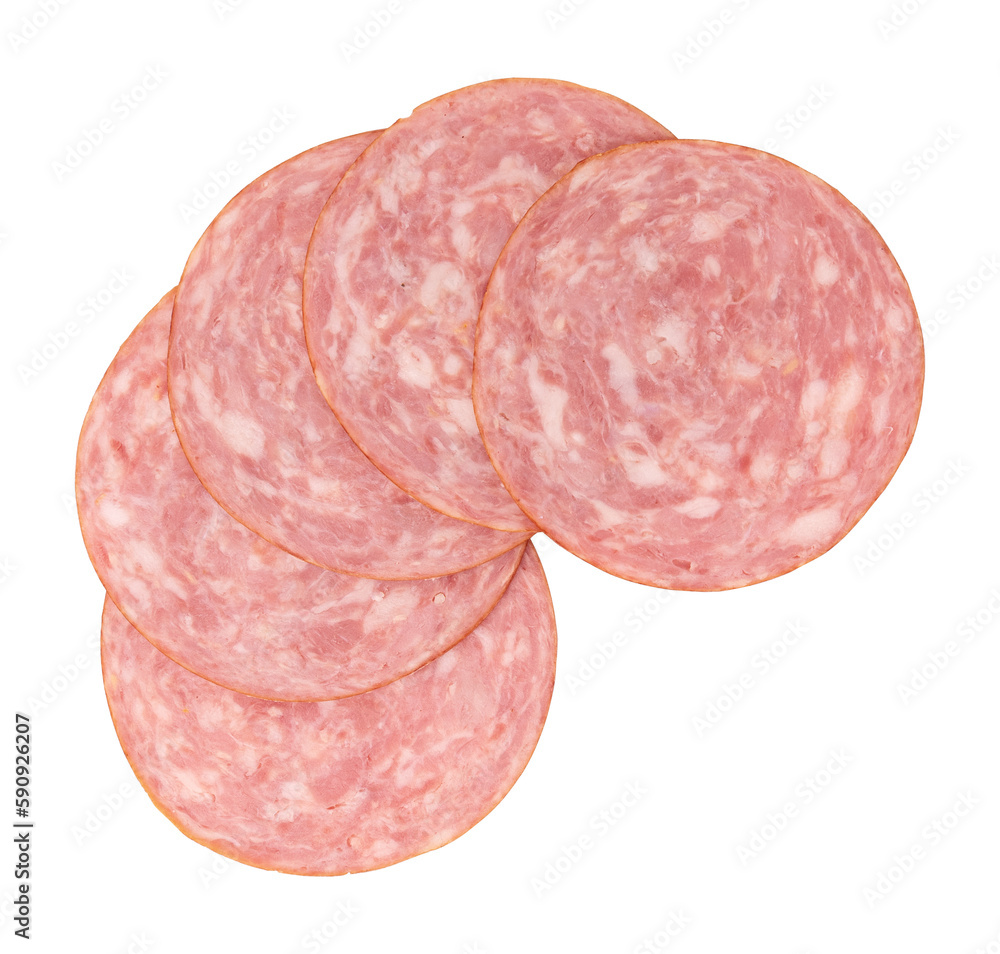 ham slices isolated on white background, five pieces of sliced sausage laid out to create layout ham slices isolated on white background, five pieces of sliced sausage laid out to create layout