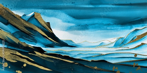 watercolor background, blue with watercolor texture, gold strokes, mountains, ocean, sky, winter, landscape