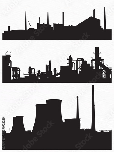Silhouettes of a factory, Large industry and a nuclear power plant.