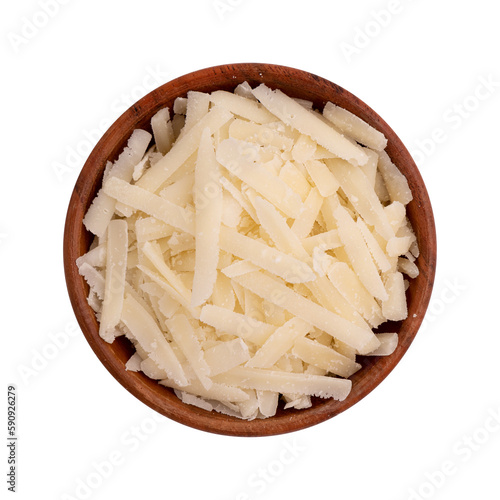 grated cheese parmesan in wooden bowl isolated on white background, top view of slices cheese, italian food