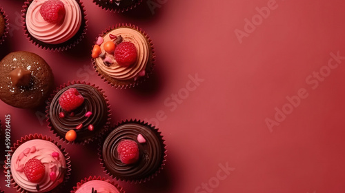 minimalistic background with cupcakes, sweets, fruits, top view, copy space, mock up