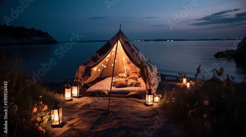 illustration, romantic evening camping by the sea in the light of lanterns, ai generative