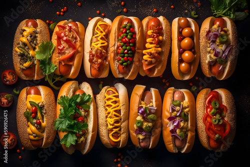 A hot dog with many ingredients. Generative AI