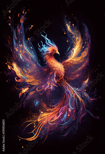 Gorgeous fiery and neon phoenix
