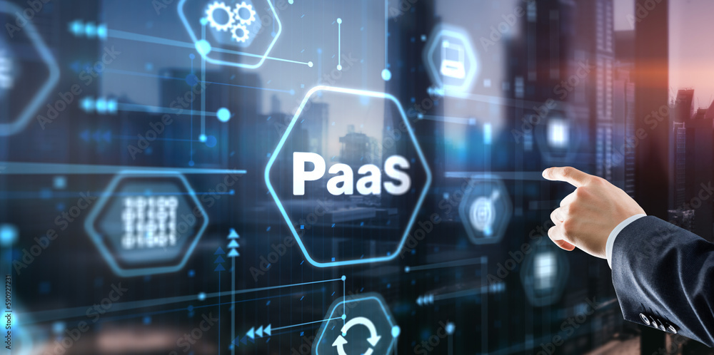 Hand pressing button on interface PaaS, Platform as a Service. Internet and networking concept Hand pressing button on interface PaaS, Platform as a Service. Internet and networking concept