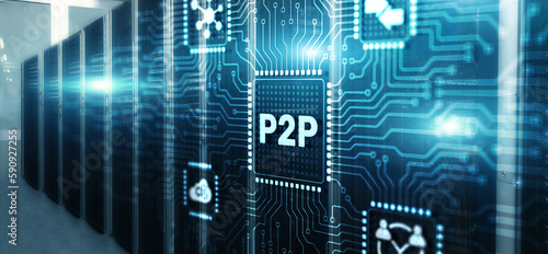 Peer to peer. P2P on futuristic background mixed media