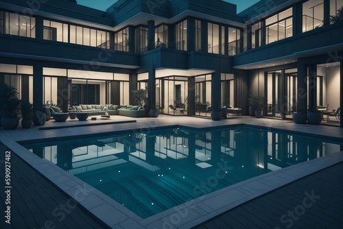 a beautiufl view on a luxury pool in a modern mansion in the night. Generative AI