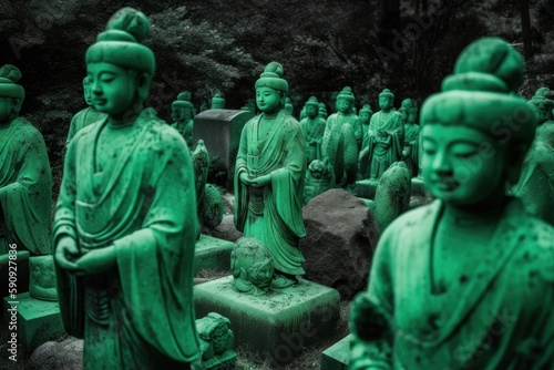 Row of green statues stand next to each other. Generative AI