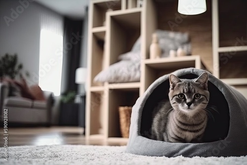 domestic cat lounging in a cozy bed on the floor. Generative AI