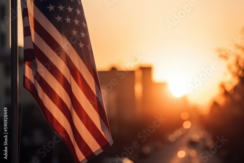 US Flag, Background blurred Town, Generative AI