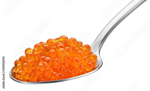 Red caviar in spoon isolated on white background, full depth of field