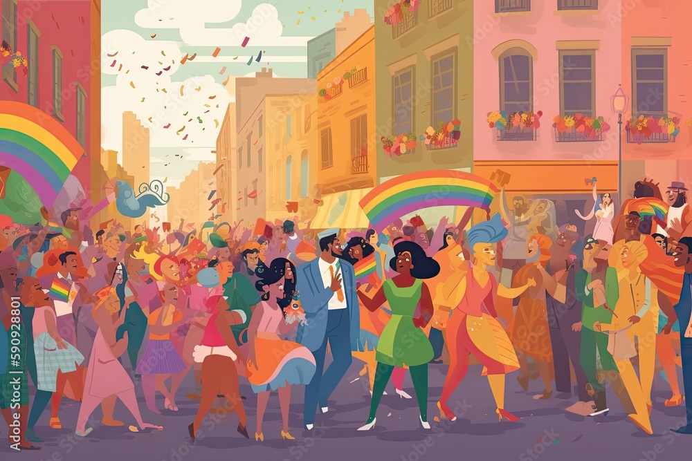 Gay pride parade, people having fun at equality march or lgbt gay parade, illustration, Generative AI Gay pride parade, people having fun at equality march or lgbt gay parade, illustration, Generative AI