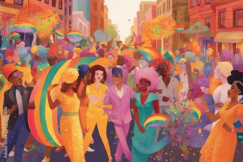Gay pride parade, people having fun at equality march or lgbt gay parade, illustration, Generative AI