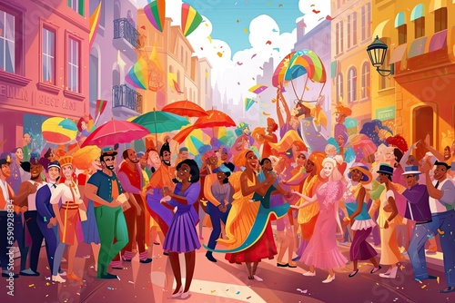 Gay pride parade, people having fun at equality march or lgbt gay parade, illustration, Generative AI