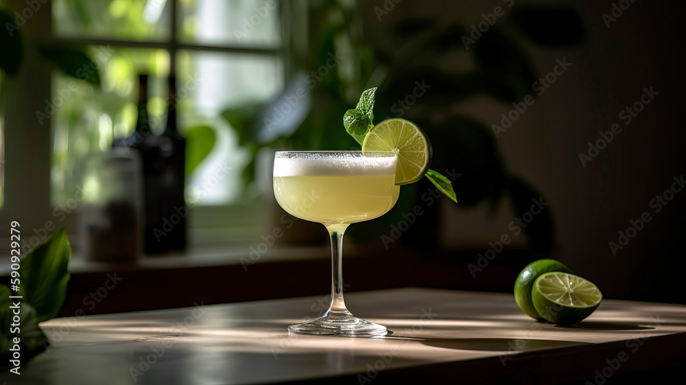 Portrait of a daiquiri cocktail drink standing on a table in a modern kitchen with green plants in the blurred background.