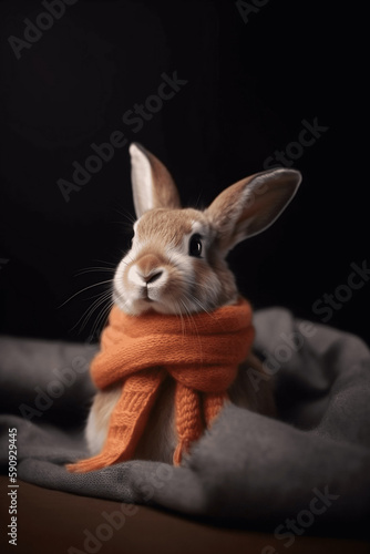 Cute little rabbit wrapped in a scarf. Generative AI.