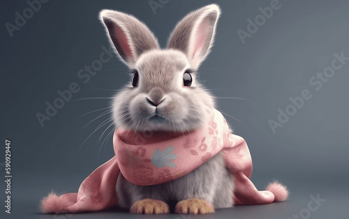 Cute little rabbit wrapped in a scarf. Generative AI.