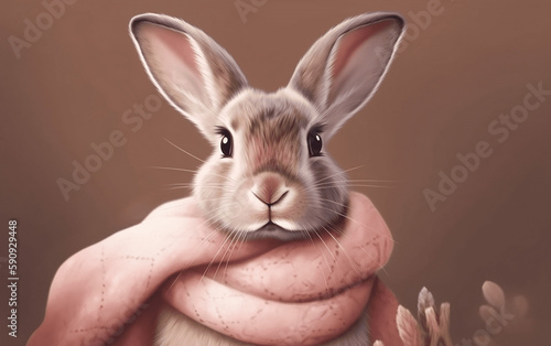 Cute little rabbit wrapped in a scarf. Generative AI.