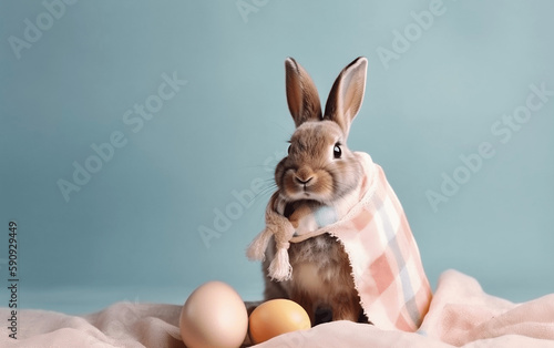 Cute little rabbit wrapped in a scarf. Generative AI.