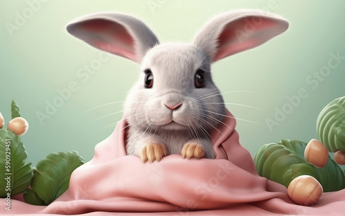 Cute little rabbit wrapped in a scarf. Generative AI.