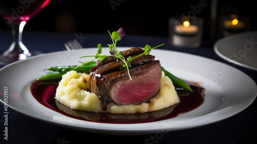 Beautifully plated, fine dining dish featuring a tender, pan-seared duck fillet meat with crispy skin, resting on a bed of creamy mashed potatoes, accompanied by a red wine reduction.