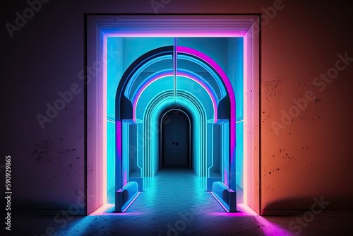 an open door leading into a dimly lit room with neon lights adding a pop of color. Generative AI