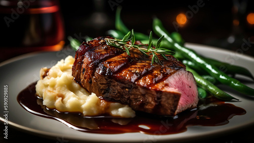 Beautifully plated, fine dining dish featuring a tender, pan-seared duck fillet meat with crispy skin, resting on a bed of creamy mashed potatoes, accompanied by a red wine reduction.